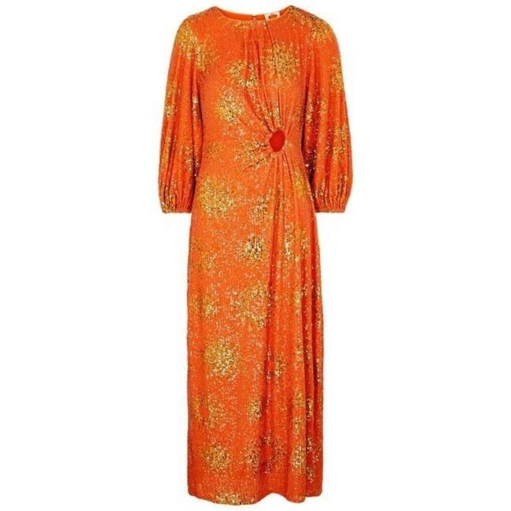 FARM Rio Orange Sunny Mood Sequin Cut Out Midi Dress Balloon Sleeves XS